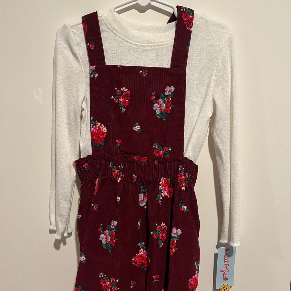 Cat & Jack Floral Burgundy corduroy Dress with White Top